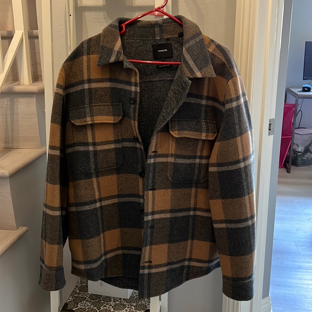Vince shirt jacket. Size large. Like new. Light yellow & gray plaid pattern.